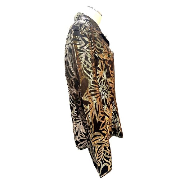 Chicos 2 Black Jacket Gold Silk Blend Floral Sheer Artwear City Style Metallic - Picture 5 of 9